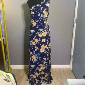 Lulus Elegant Admiration Navy Blue Floral One Shoulder Maxi Dress Formal M NWT